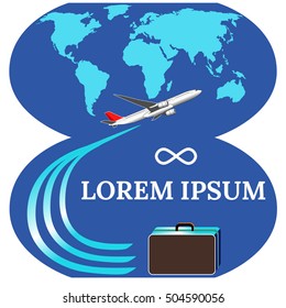 Suitcase and a plane taking off on the background of the globe. Vector illustration.