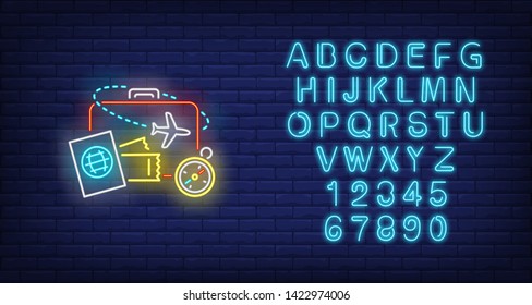 Suitcase, plane, tickets, map, compass neon sign. Tourism, vacation, travel design. Night bright neon sign, colorful billboard, light banner. Vector illustration in neon style.
