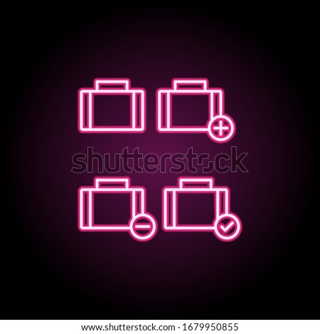 Suitcase, plus, check, minus sign neon icon. Simple thin line, outline vector of web icons for ui and ux, website or mobile application