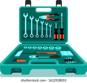 Suitcase with repair tools. Wrenches, pliers, screwdrivers, hammer, ratchet.