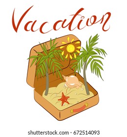 Suitcase with sand starfish, palm trees and sunshine inscription by hand, vacation