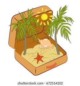 Suitcase with sand starfish, palm trees and sun