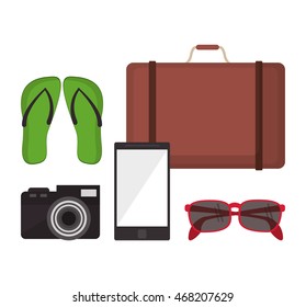 suitcase sandals camera glasses smartphone vacation summer travel tourism icon, vector illustration
