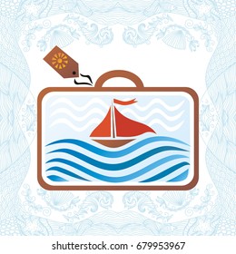Suitcase sea and ship. Vector illustration.