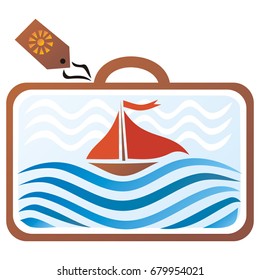 Suitcase sea and ship. Vector illustration.