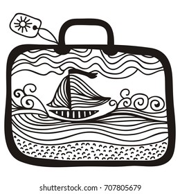 Suitcase with sea and ship. Vector illustration.