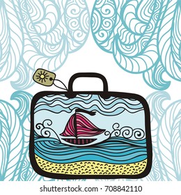 Suitcase and sea. Vector illustration.