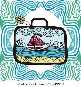 Suitcase and sea. Vector illustration.