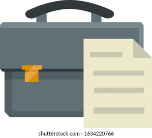 Suitcase and sheet of paper. Paper file and bag. Business icon. Grey case. Cartoon flat illustration