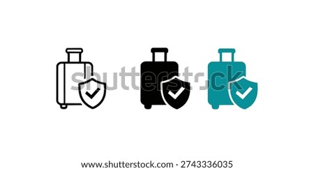 Suitcase and shield icons: travel security symbols in black and teal.