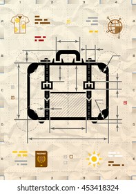 Suitcase silhouette as technical blueprint drawing. Drafting of travel bag on crumpled kraft paper. Vector illustration