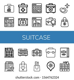 suitcase simple icons set. Contains such icons as Suitcase, Portfolio, First aid kit, Briefcase, Travel, Bag, Hotel, Touristic, Holidays, can be used for web, mobile and logo