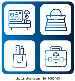 ajuste de iconos simples en maleta. Contiene iconos como Hotel, Handbag, Bag, kit de primeros auxilios, puede ser usado para web, móvil y logotipo