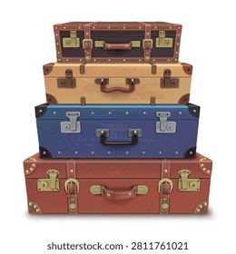 Suitcase stack. Realistic old suitcases pile leather briefcase handle lock travel trip box summer vacation storage vintage bag tourist baggage 3d luggage garish vector illustration