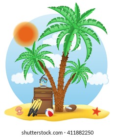 suitcase standing under a palm tree vector illustration isolated on white background