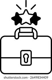 A suitcase with a star on it. The suitcase is black and white. The stars are shining brightly
