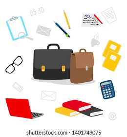 Suitcase, stationery, books, notepad vector icons. Contents of the teachers bag. Business and office object, suitcase and paper, stationery and briefcase illustration