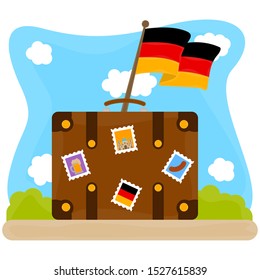 Suitcase with stickers and a flag of Germany. Travel to Germany - Vector