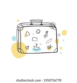 Suitcase with stickers line art drawing with abstract shape and color spots and circles. Art design minimal and wall art. Vector illustration.