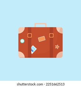 Suitcase with stickers. Retro travel bag. Tourist luggage. Vector illustration.