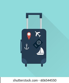 Suitcase with stickers. Travel concept. Vector illustration flat design style with long shadow