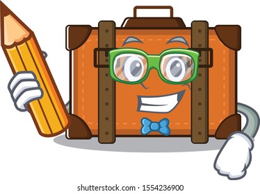 suitcase student holding pencil in the cartoon with mascot