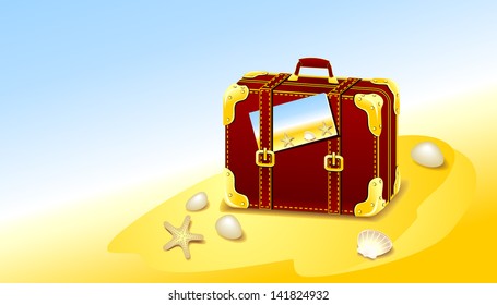 Suitcase for summer at the beach with shells starfish