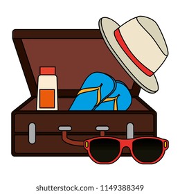 suitcase with summer hat and sunglasses