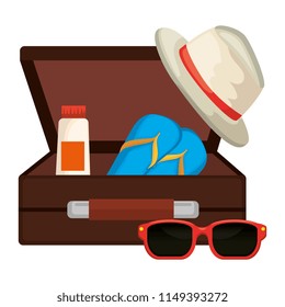 suitcase with summer hat and sunglasses