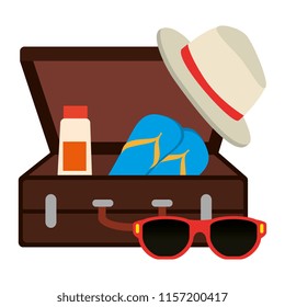 suitcase with summer hat and sunglasses