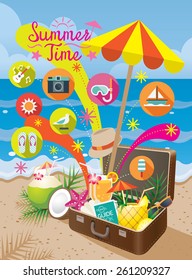 Suitcase with Summer Objects and Icons on the Beach