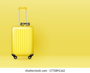 Suitcase with sunglasses on pastel yellow background. Summer holidays, vacation and travel minimal concept. Copy space. Vector.