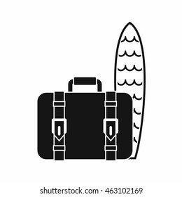 Suitcase and surfboard icon in simple style isolated on white background. Trip symbol