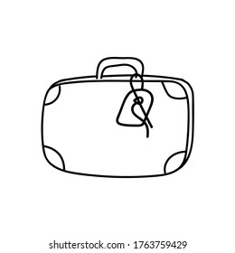 Suitcase with tag, retro luggage, vector contour monochrome illustration in doodle style on a white background. Icon, icon, travel symbol, voyage, vacation, vacation