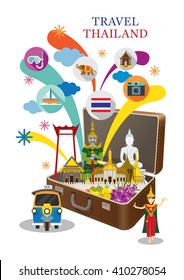 Suitcase with Thailand Landmark and Icons, Travel Attraction, Welcome and Greeting