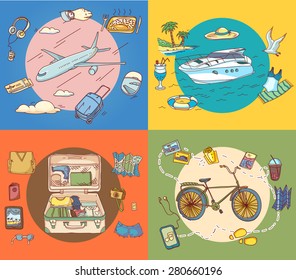 Suitcase with things clothing Air Bicycle and Ship travel hand drawn concept traveling tourism journey passenger traveler objects