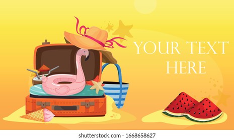 suitcase with things for leisure tourism and vacation