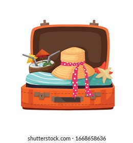 suitcase with things for leisure tourism and vacation