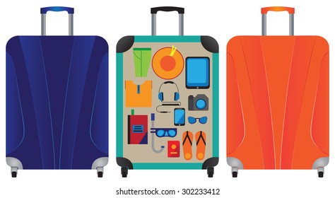 Suitcase. A suitcase with things. A suitcase for travel and vacation. Elements for design.