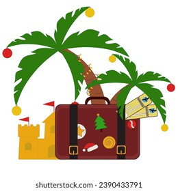 Suitcase with tickets, palms and sand castle on white background