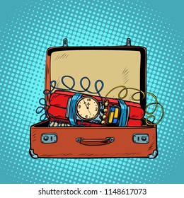 Suitcase with a time bomb. Comic cartoon pop art retro vector illustration drawing