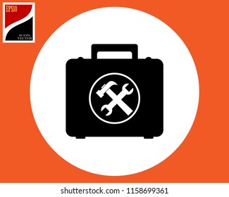 suitcase with a tool in a white circle in an orange square