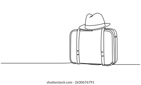 Suitcase topped with a hat, single continuous line for minimalist journey portrayal