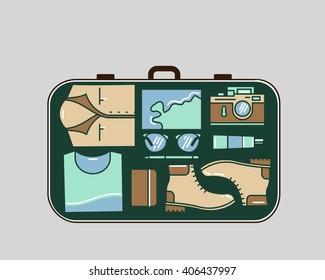 Suitcase with tourist stuff. Vector illustration