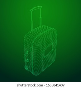 Suitcase tourist travel bag. Vacation luggage travelling trip concept. Wireframe low poly mesh vector illustration.