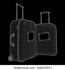 Suitcase tourist travel bag. Vacation luggage travelling trip concept. Wireframe low poly mesh vector illustration.