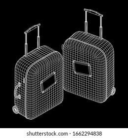 Suitcase tourist travel bag. Vacation luggage travelling trip concept. Wireframe low poly mesh vector illustration.