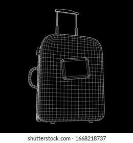 Suitcase tourist travel bag. Vacation luggage travelling trip concept. Wireframe low poly mesh vector illustration.