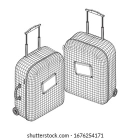 Suitcase tourist travel bag. Vacation luggage travelling trip concept. Wireframe low poly mesh vector illustration.