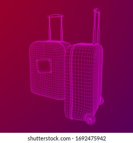 Suitcase tourist travel bag. Vacation luggage travelling trip concept. Wireframe low poly mesh vector illustration.